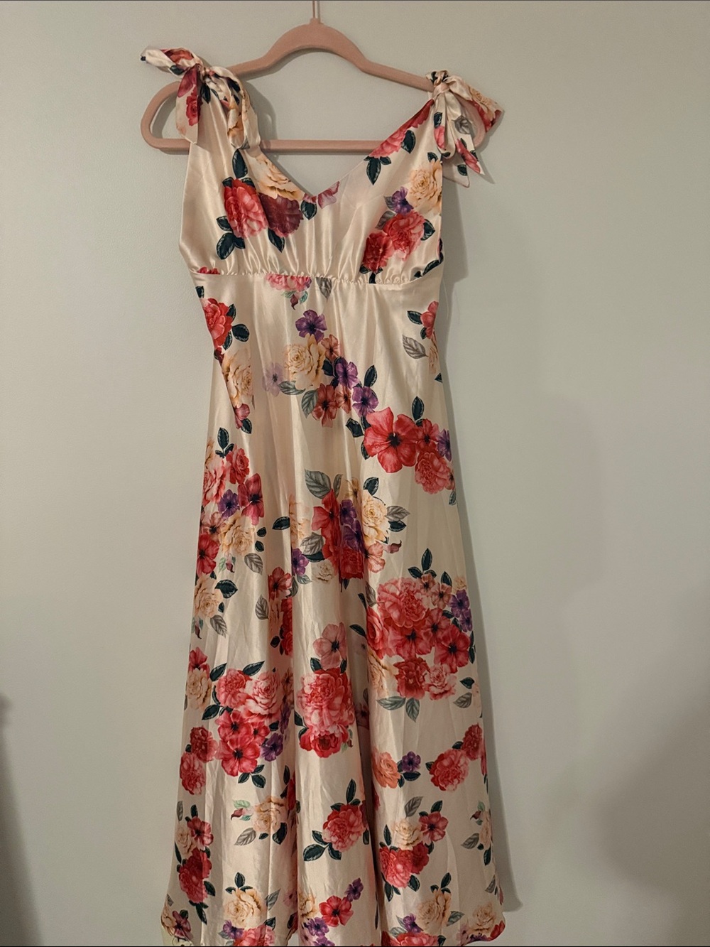 Floral Tie-Shoulder Satin Maxi Dress - Cream with Red & Purple Flowers - Picture 3 of 3